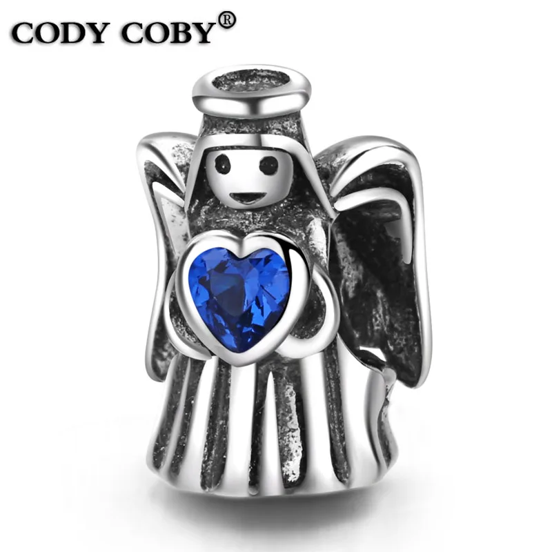 Оригинал 925 стерлингового серебра Ангел подвеска крыло с синими бусины сердечки
