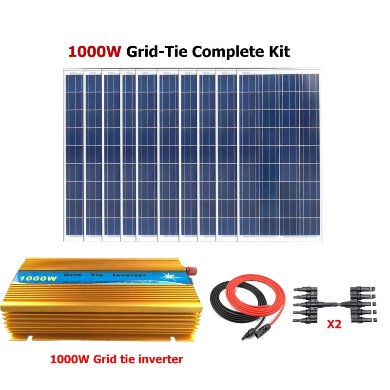 

10*100W Poly Grid Solar Panels with 1000W Grid Tie Inverter Complete 1000W Grid Tie solar System Kit