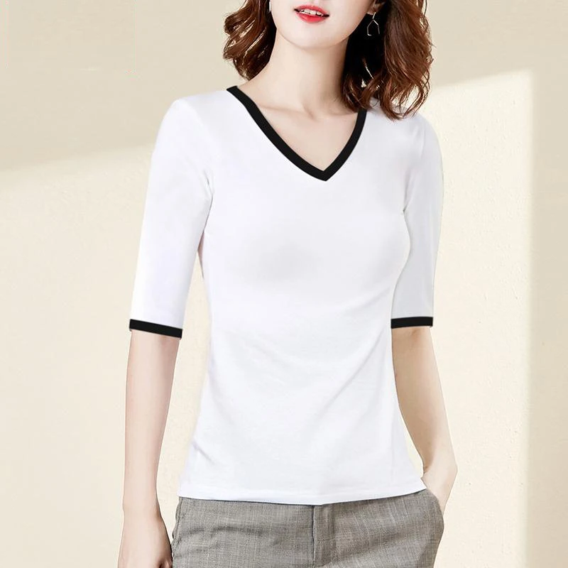Новая летняя женская футболка с коротким рукавом топ из хлопка узкие рукава до