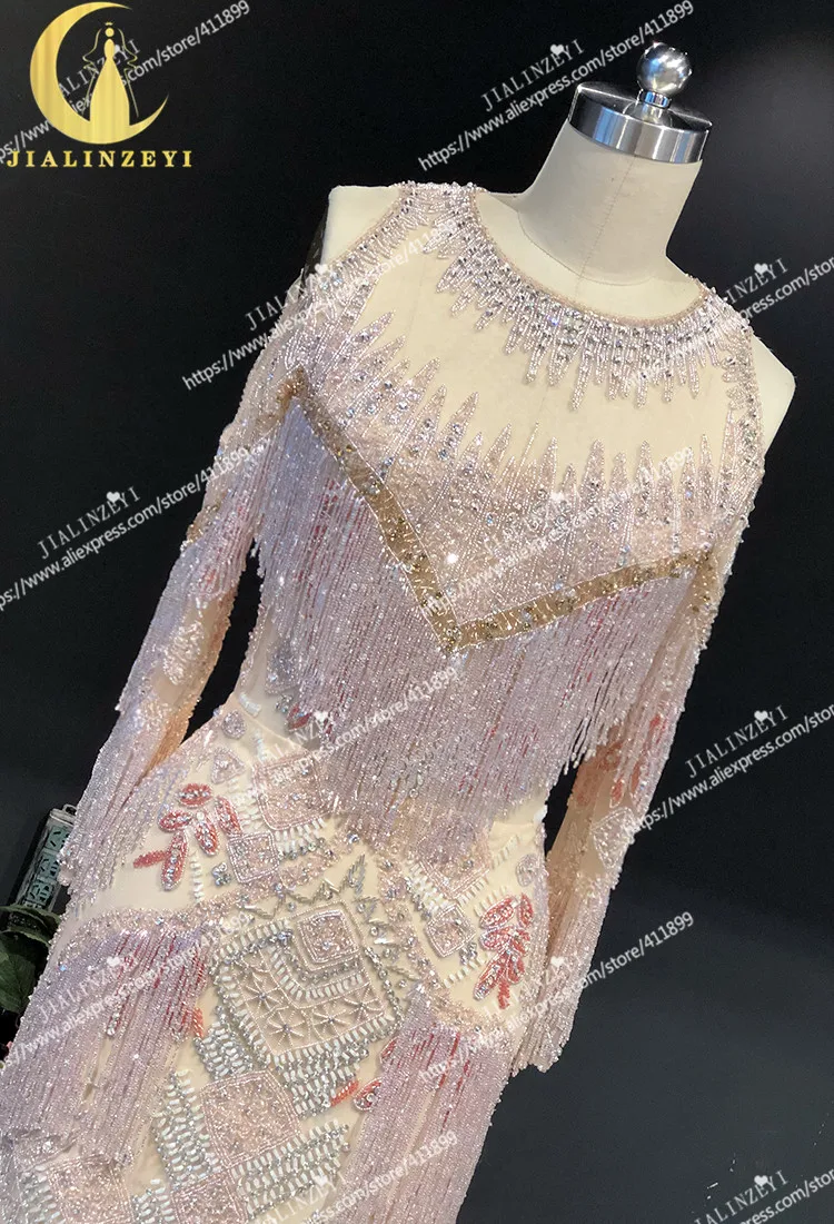 210 Реальный образец изображения Розовый Полный Кристалл Zuhair Murad Длинные рукава до