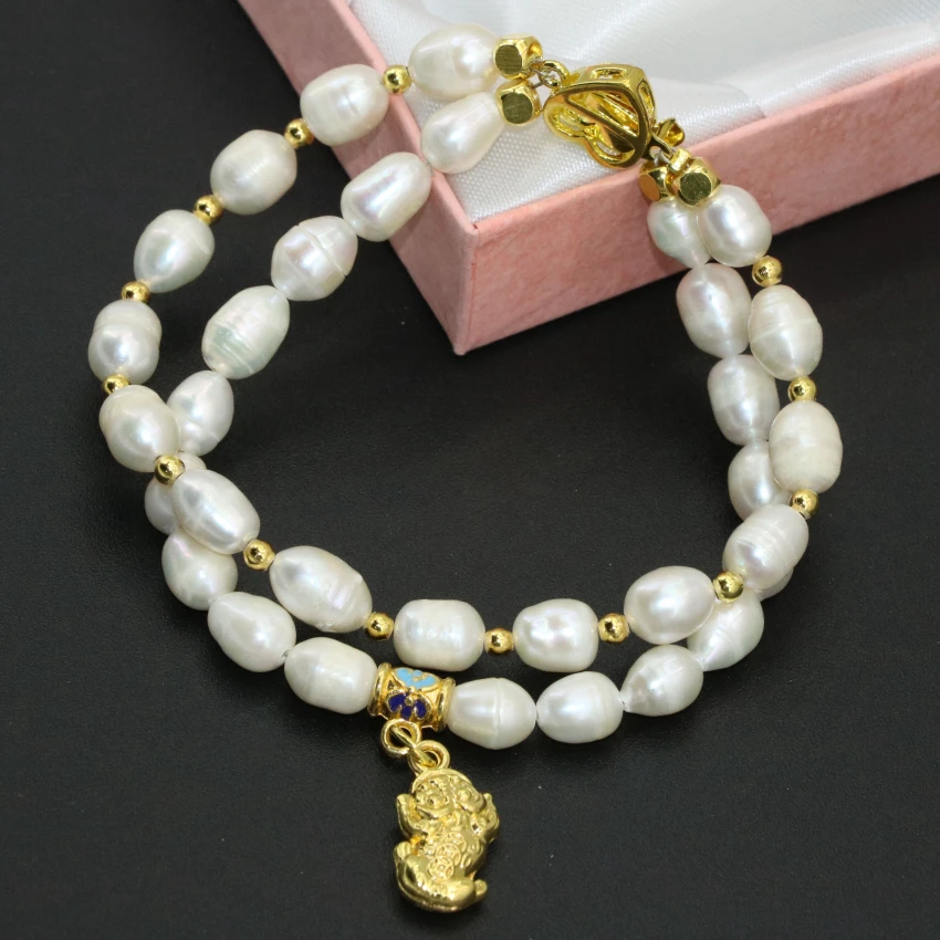 Wholesale price 7-8mm white natural freshwater cultured barrel rice pearl two rows clasp bracelets jewelry 8inch B2759 | Украшения и