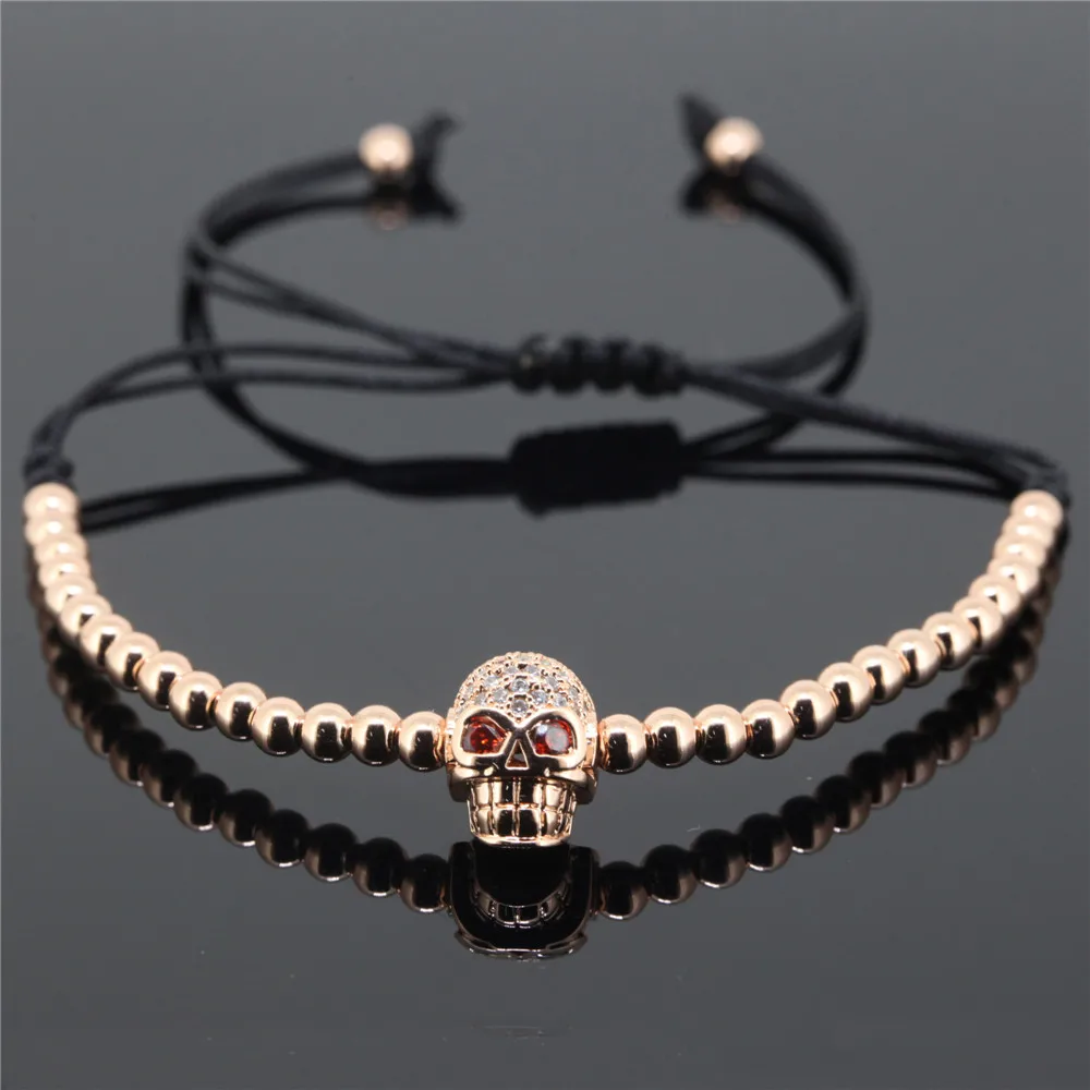 2017 New Desigh Men Bracelets Gold Color Round Copper Beads with Micro Zircon Pave Skull Bracelet Macrame Gift | Украшения и