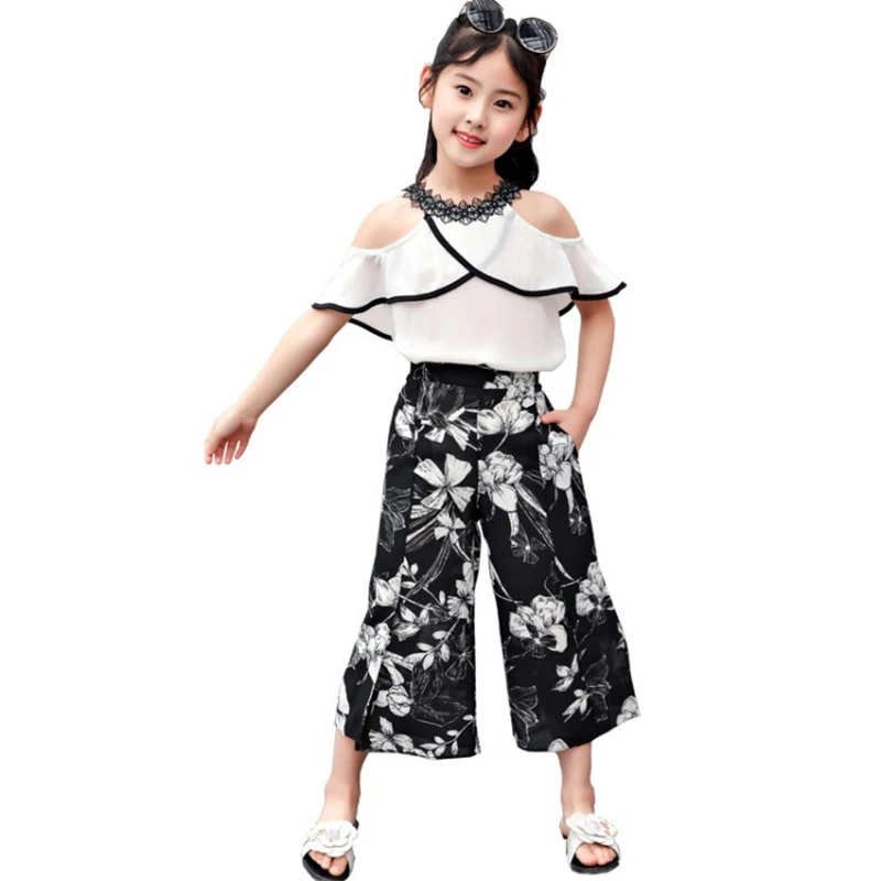 Chiffon Children's Sets 2019 New Girls Summer Clothes Shoulderless White Chiffon Shirt +Printing Wide Leg Pants Suits 4-14 Years
Chiffon Children's Sets 2019 New Girls Summer Clothes Shoulderless White Chiffon Shirt +Printing Wide Leg Pants Suits 4-14 Years