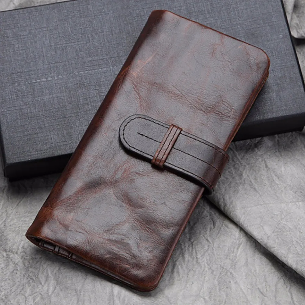 

Oil Wax Genuine Leather Men Wallet Pocket Coin Credit Card Holder Vintage Clutch Money Bag Male Famous Brand Bifold Long Purse