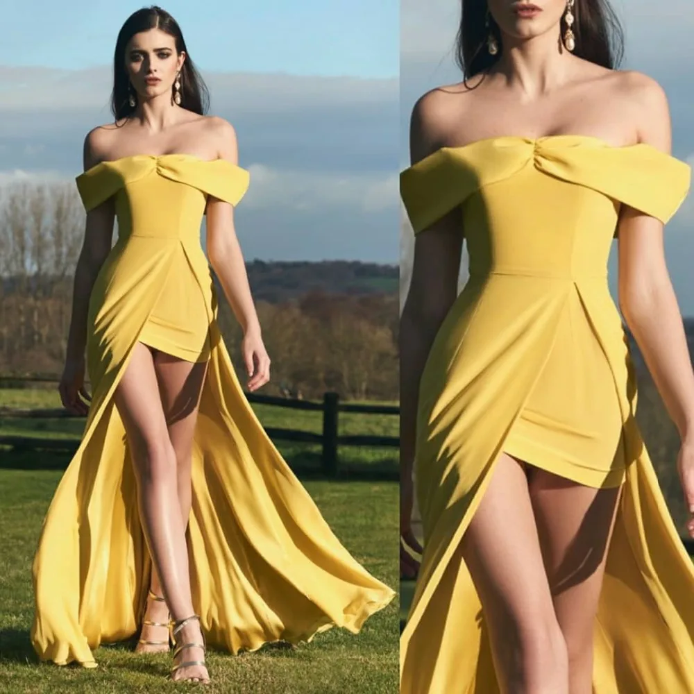 Elegant Gold Cap Sleeve Evening Dress Short Sexy Off the Shoulder Prom Gowns Sweep Train Robe De Soiree
Elegant Gold Cap Sleeve Evening Dress Short Sexy Off the Shoulder Prom Gowns Sweep Train Robe De Soiree