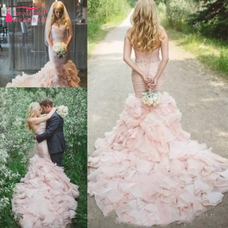 

Country Blush Pink Wedding Dress Mermaid Sweetheart Sweep Train Bridal Gowns With Crystal Sash Tiered Skirts Wedding Gown JQ540