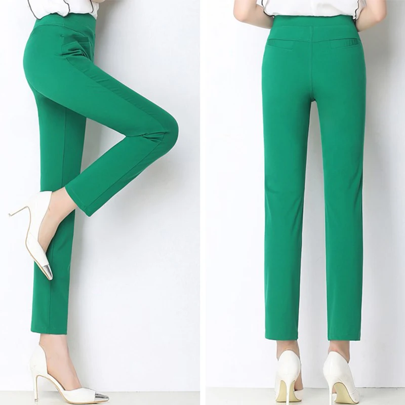 2019 Spring Summer Candy Color Women Pants High Elastic Waist Stretch Formal Straight Plus size Casual Nine AA859 | Женская одежда