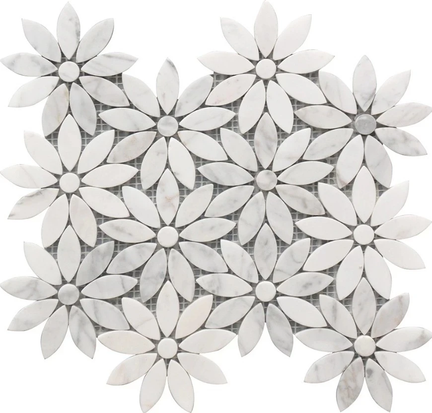 Beautiful Sun Flower Pattern Carrara White Italian Waterjet Stone Marble Mosaic Tile for Home Decoration
Beautiful Sun Flower Pattern Carrara White Italian Waterjet Stone Marble Mosaic Tile for Home Decoration