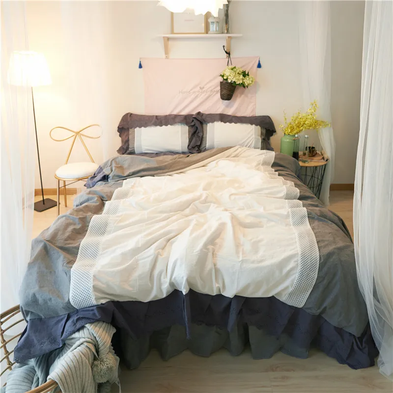 4Pcs Washed Cotton Princess Lace mesh Bedding Set Yarn Dyed Hollow Ruffles Duvet cover set Bed Skirt Pillowcases Twin Queen King
4Pcs Washed Cotton Princess Lace mesh Bedding Set Yarn Dyed Hollow Ruffles Duvet cover set Bed Skirt Pillowcases Twin Queen King