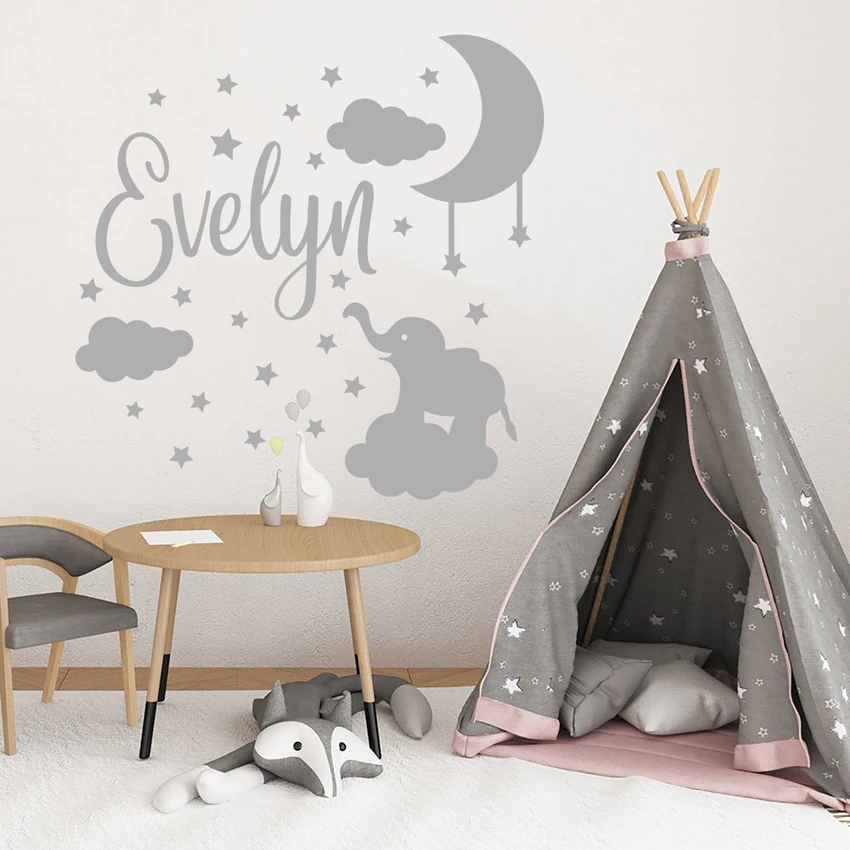 Vinyl Art Design Wall Sticker Cartoon Elephant Stars Baby Room Personalized Name Home Decoration Moon Nursery Kids Decor W567
Vinyl Art Design Wall Sticker Cartoon Elephant Stars Baby Room Personalized Name Home Decoration Moon Nursery Kids Decor W567