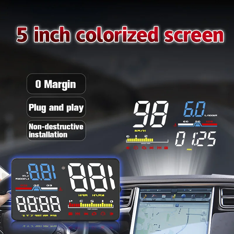 5 inch D5000-OBD2-HUD Head-Up Display overspeed single-stage /four-stage alarm Display information easy switch
5 inch D5000-OBD2-HUD Head-Up Display overspeed single-stage /four-stage alarm Display information easy switch