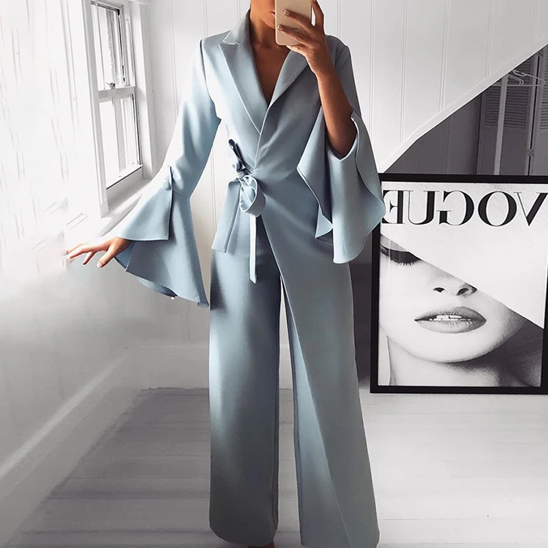 Autumn Women Fashion Elegant Long Sleeve Workwear Formal Party Romper Irregular Flared Sleeve Knot Side Wide Leg Jumpsuit
Autumn Women Fashion Elegant Long Sleeve Workwear Formal Party Romper Irregular Flared Sleeve Knot Side Wide Leg Jumpsuit
