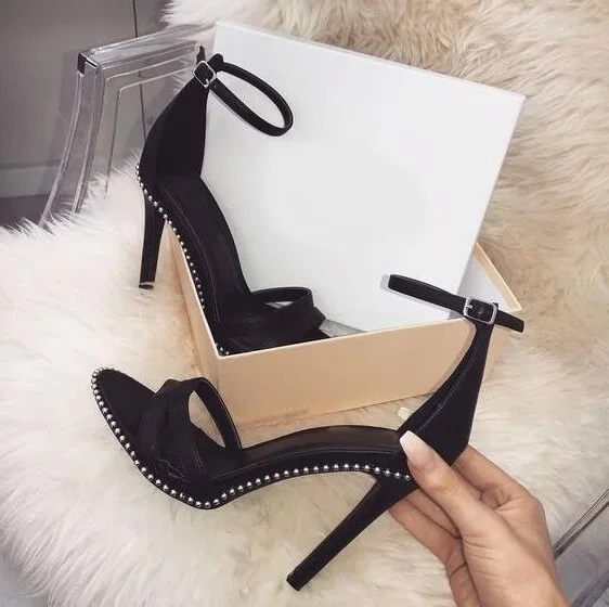 New Arrivals Black White Leather Studded Decor Women Sandals Ankle Strap Cut-out Thin Heels Summer Dress Shoes High Heels Pumps 
New Arrivals Black White Leather Studded Decor Women Sandals Ankle Strap Cut-out Thin Heels Summer Dress Shoes High Heels Pumps