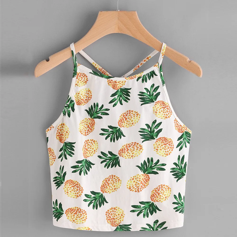 Топ женский летний короткий с принтом ананасов и лямкой на шее|tank top summer|top summerhalter |