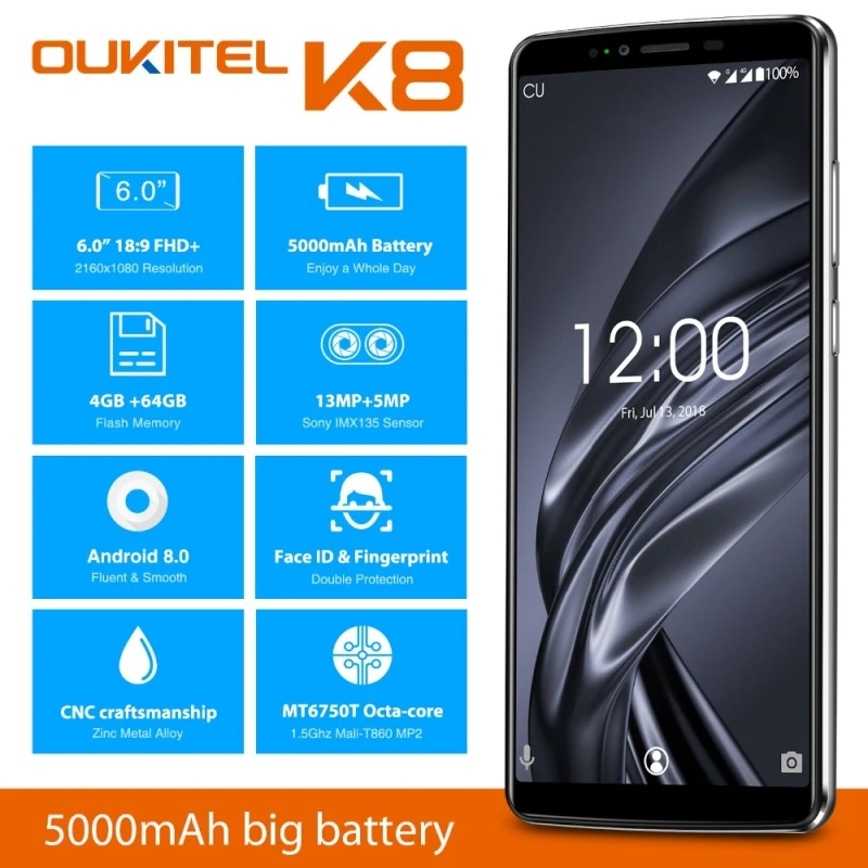OUKITEL K8 18:9 полный Дисплей 6 0 'ɿHD мобильный телефон Android 8 MT6750T Octa Core 4 Гб + 64 5000 мАч