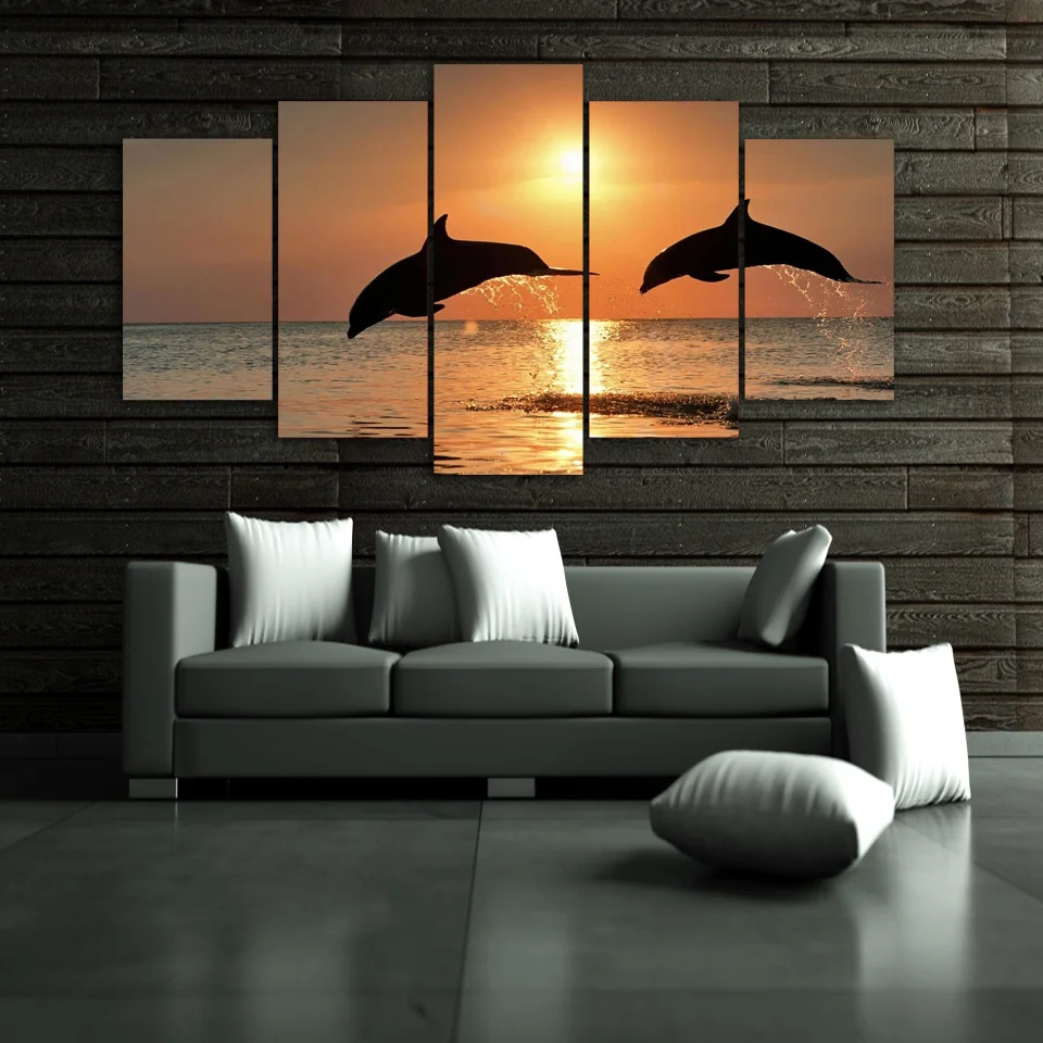 

HD Printed dolphin ocean seascape Painting 5 piece canvas art room decor print poster picture canvas Free shipping/ny-009