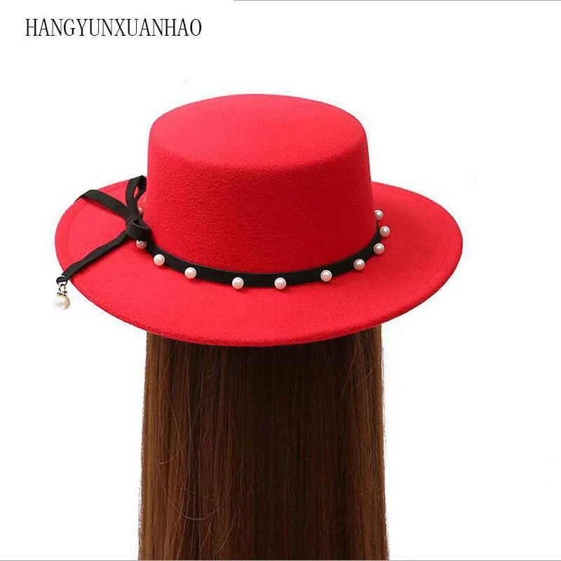 Brand Pearl Boater Flat Top Hat for Women Wool Felt Wide Brim Fedora Hat Autumn Winter Gambler Top Hat Female Bowler Hats
Brand Pearl Boater Flat Top Hat for Women Wool Felt Wide Brim Fedora Hat Autumn Winter Gambler Top Hat Female Bowler Hats
