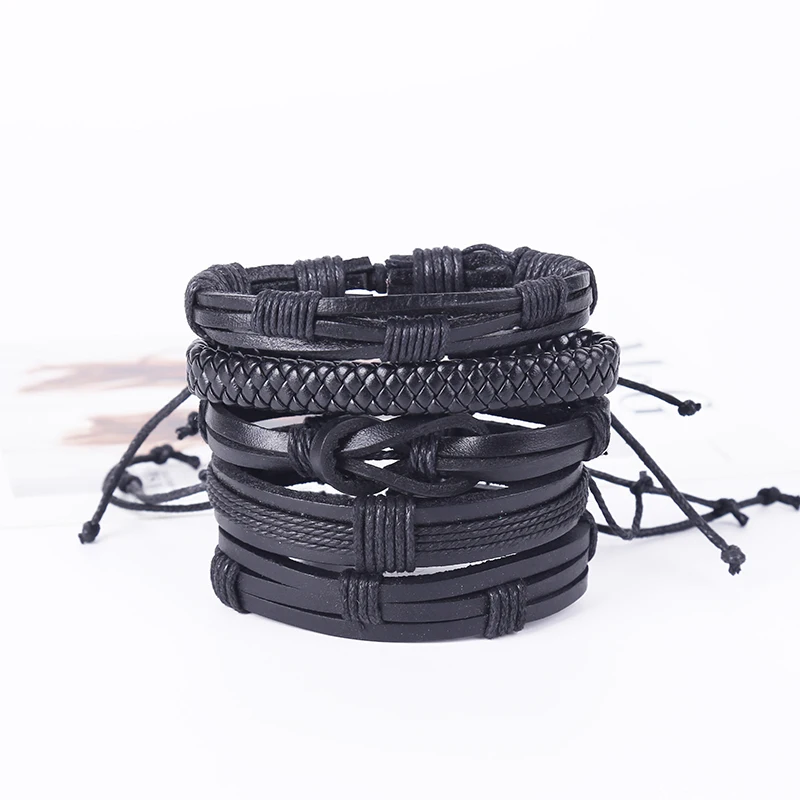 Cross-border hot trend personalized men's bracelet set of five pieces black genuine cowhide woven manufacturers direct sale | Украшения