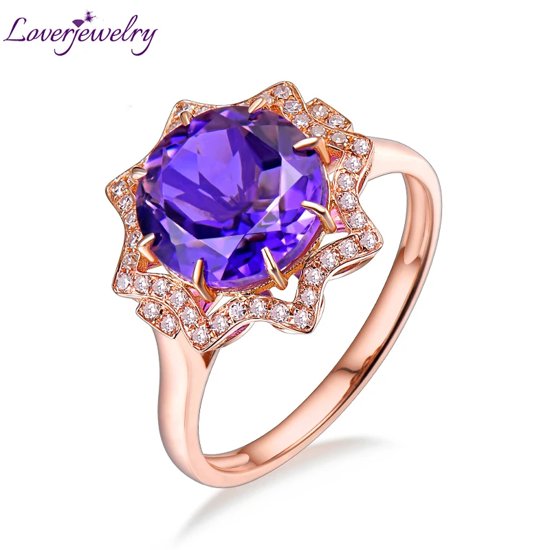 

LOVERJEWELRY Gemstone Rings Solid 18K Rose Gold Natural Purple Amethyst Wedding Ring For Women Diamond Anniversary Rarity Gift