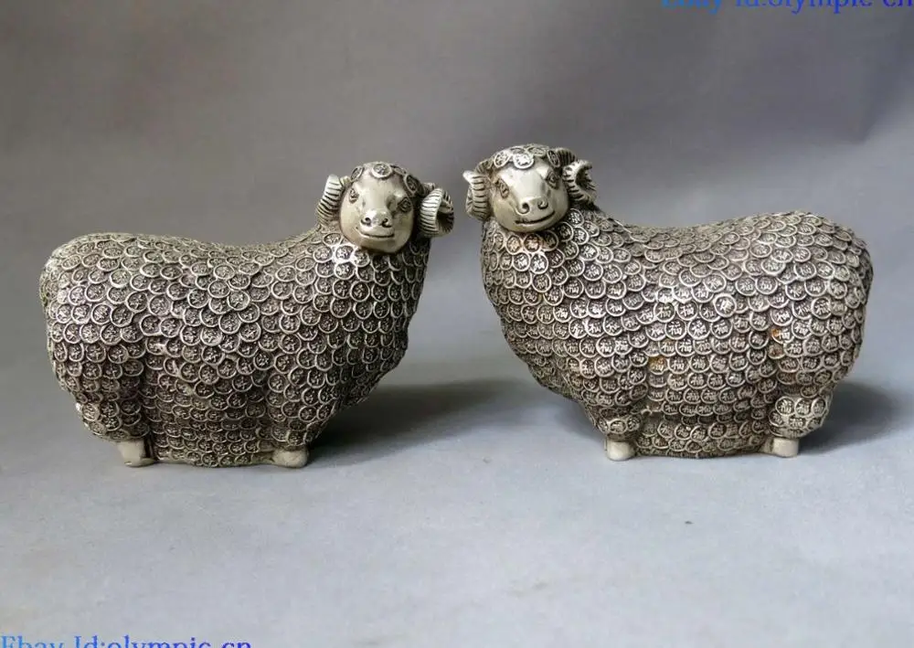 China silver carved lucky Feng Shui money blessing Sheeps pair sculpture Statues
China silver carved lucky Feng Shui money blessing Sheeps pair sculpture Statues