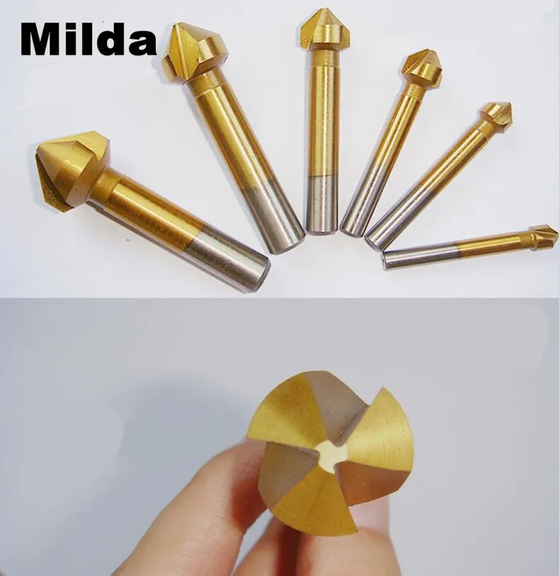 Milda 6pcs 3 Flute 90 Degree Hss Chamfer Cutter Drilling End Mill Drill Counter Sink Titanium Coated Countersink Drill Bit
Milda 6pcs 3 Flute 90 Degree Hss Chamfer Cutter Drilling End Mill Drill Counter Sink Titanium Coated Countersink Drill Bit