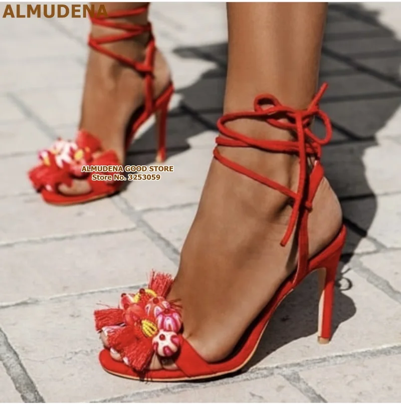 ALMUDENA Newest Bohemian Pom Pom High Heel Sandals Red Blue Fringe Fluffy Lace-up Dress Shoes Small Ball Wedding Stiletto Heels
ALMUDENA Newest Bohemian Pom Pom High Heel Sandals Red Blue Fringe Fluffy Lace-up Dress Shoes Small Ball Wedding Stiletto Heels