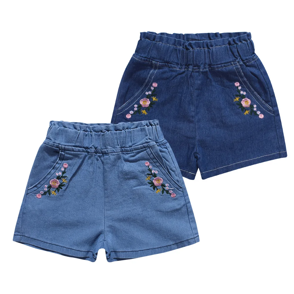 Летние джинсовые шорты для девочек детские с вышивкой и цветочным рисунком