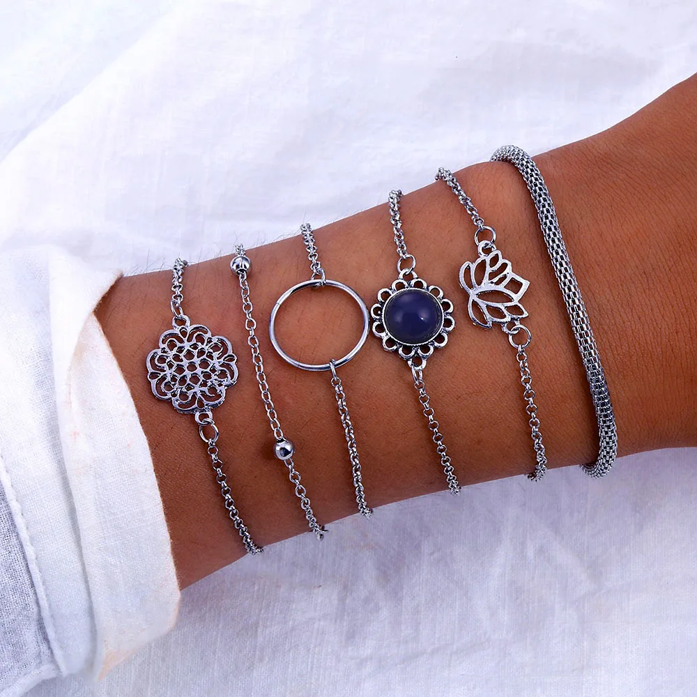 IFMIA 6pcs/set Vintage Simple Silver Color Lotus Bracelet for Women Flower Chain Beaded Bracelets Bangles Sets Boho Jewelry | Украшения и