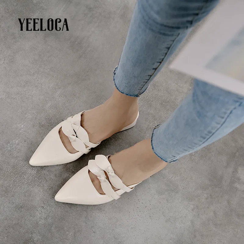 

YEELOCA 2019 summer women slippers pointed toe med high heels hoof heels butterfly knot outside slides woman shoes