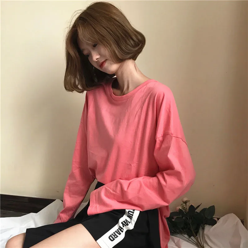 Ulzzang Harajuku свободная стильная футболка с длинным рукавом Топы для женщин осень 2018