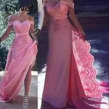 2023 Long Evening Dresses Off Shoulder With Lace Applique Wedding Guest Dresses Back Zipper Court Train Pink Prom Gowns