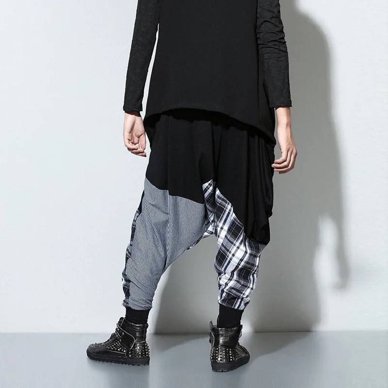 Hip Hop Loose Stretch Men Pants Full Length Spliced Plaid Harem Fashion Street Casual Drawstring Waist Male Trousers Tide | Мужская
