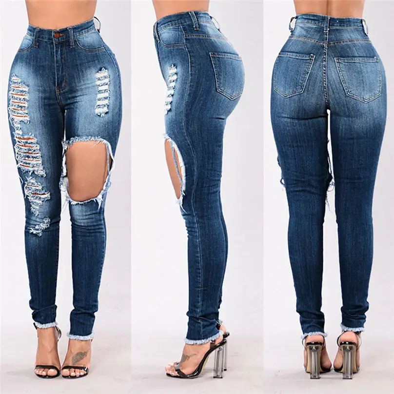 Модные женские джинсы деним отверстие женский Высокая Талия Stretch Slim сексуальные