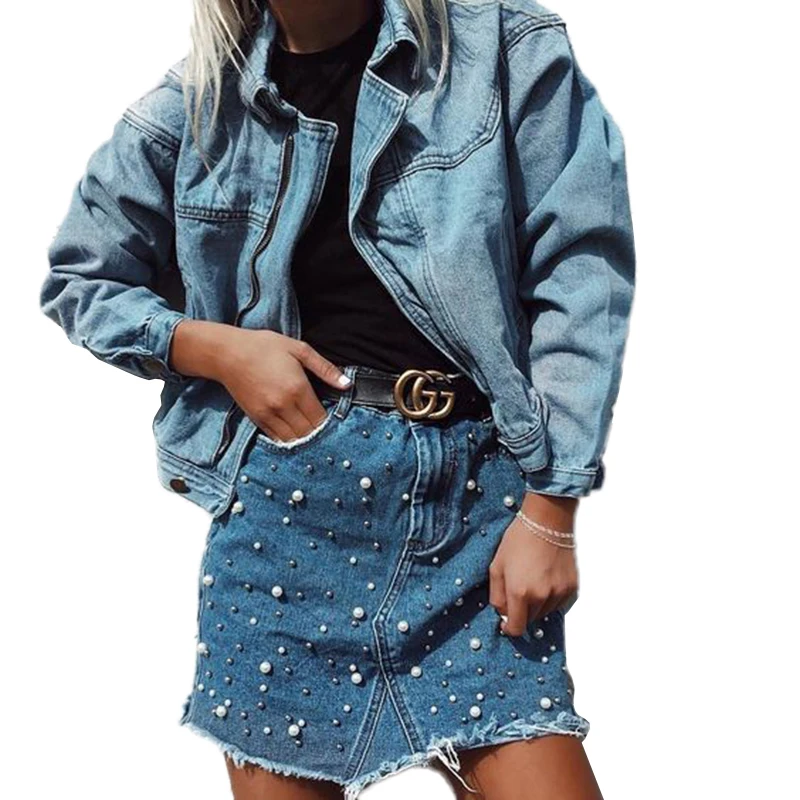 Beading Pearls Fringe Denim Skirt Women Light Blue Mini Skirts Nice Vogue Fashion Casual Short Pencil Jeans Skirts Femme Saias
Beading Pearls Fringe Denim Skirt Women Light Blue Mini Skirts Nice Vogue Fashion Casual Short Pencil Jeans Skirts Femme Saias