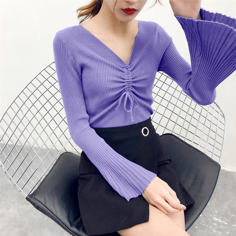 OllyMurs Новый женский Тонкий эластичный вязаный свитер Корейская мода v-образный