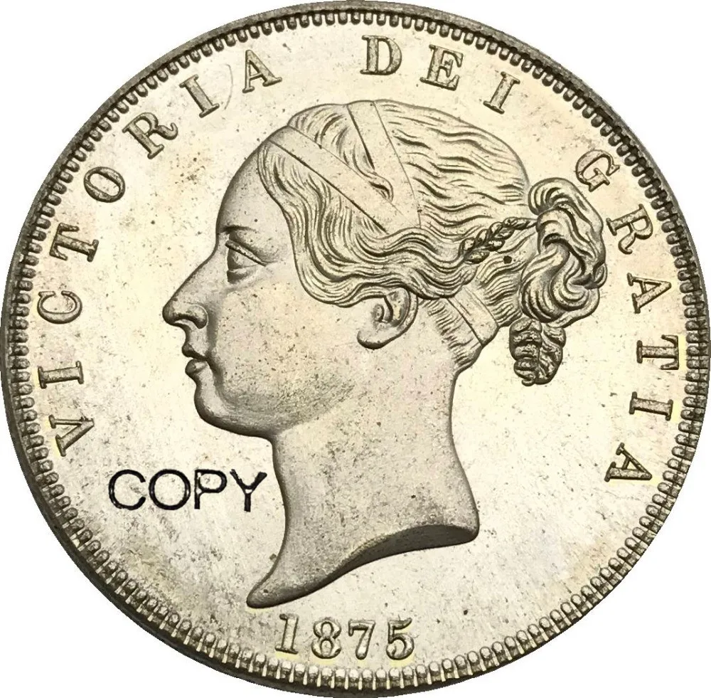 

Большая Великобритания 1/2 Корона 1875 Виктория молодая голова купроникель Посеребренная КОПИЯ монета