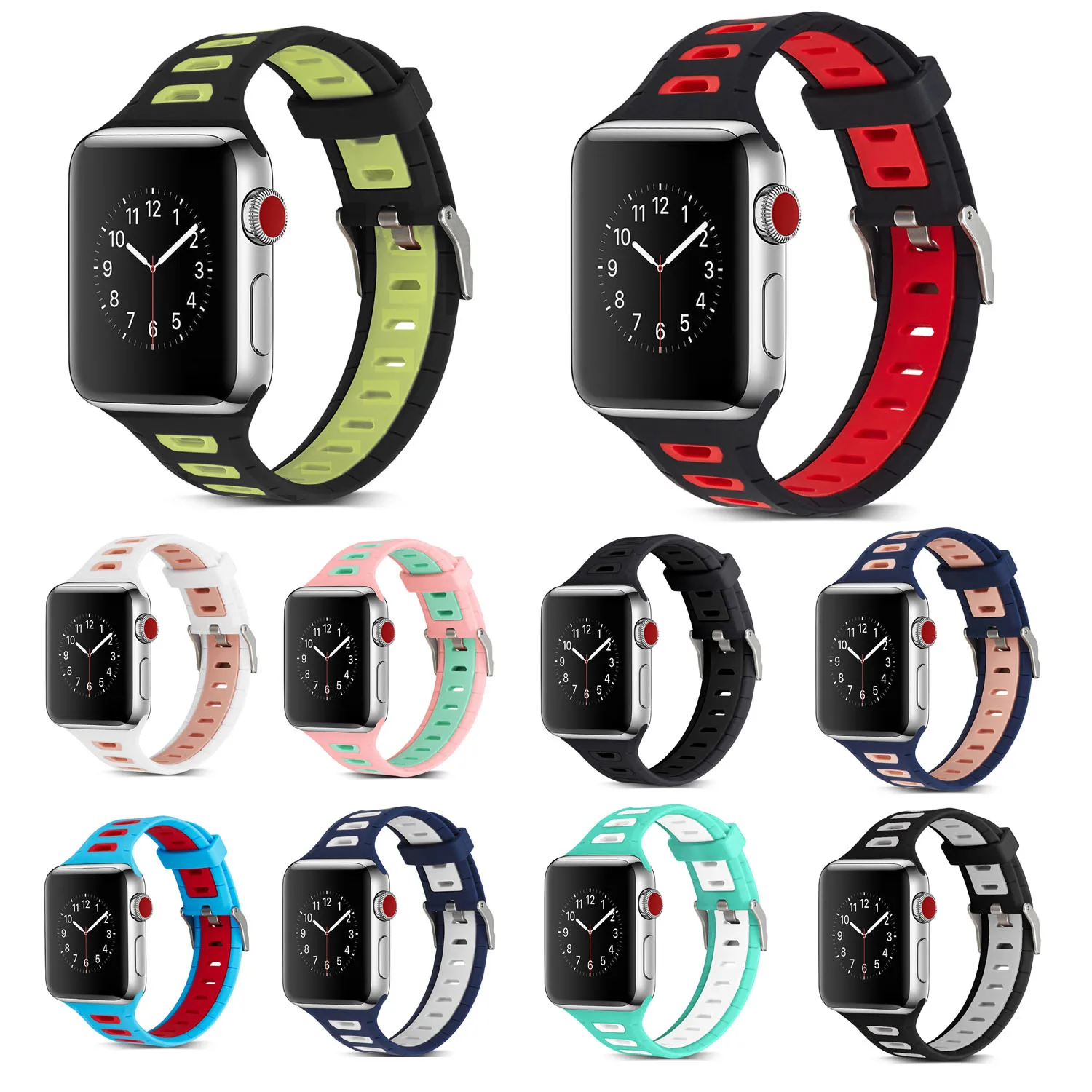 Дышащий Двухцветный силиконовый ремешок для Apple Watch спортивный 42 мм 38 сменные