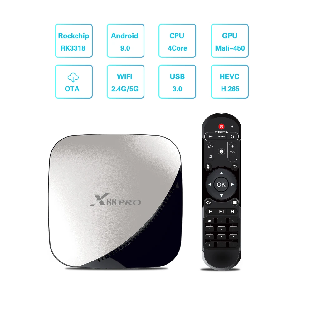 X88 Pro Android 9,0 Smart ТВ коробка с двумя камерами, процессор Rockchip RK3318 4 ядра, 4 ГБ/32 ГБ флэш-памяти, 64 бит UHD 4K H.265 HD Media Player 2,4 г/5G Wi-Fi Декодер каналов кабе...
X88 Pro Android 9,0 Smart ТВ коробка с двумя камерами, процессор Rockchip RK3318 4 ядра, 4 ГБ/32 ГБ флэш-памяти, 64 бит UHD 4K H.265 HD Media Player 2,4 г/5G Wi-Fi Декодер каналов кабе...