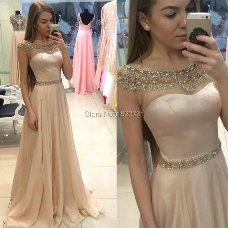 Elegant Cap Sleeves with Beaded Appliques Champagne Chiffon Sheer Beaded Collar Summer Cool Prom Dresses
Elegant Cap Sleeves with Beaded Appliques Champagne Chiffon Sheer Beaded Collar Summer Cool Prom Dresses