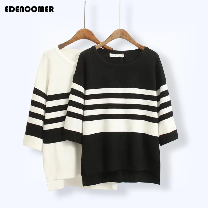 Plus Size Korean Women Stripe Sweater 2019 Autumn and Winter New Loose Black White Striped Large 5XL Female Cotton Pullover |