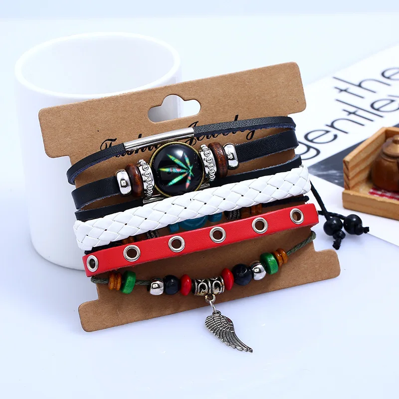 3pcs/set black white genuine leather blue beads ball silver metal wing maple leaf punk vintage women bracelet men bangle gift | Украшения и