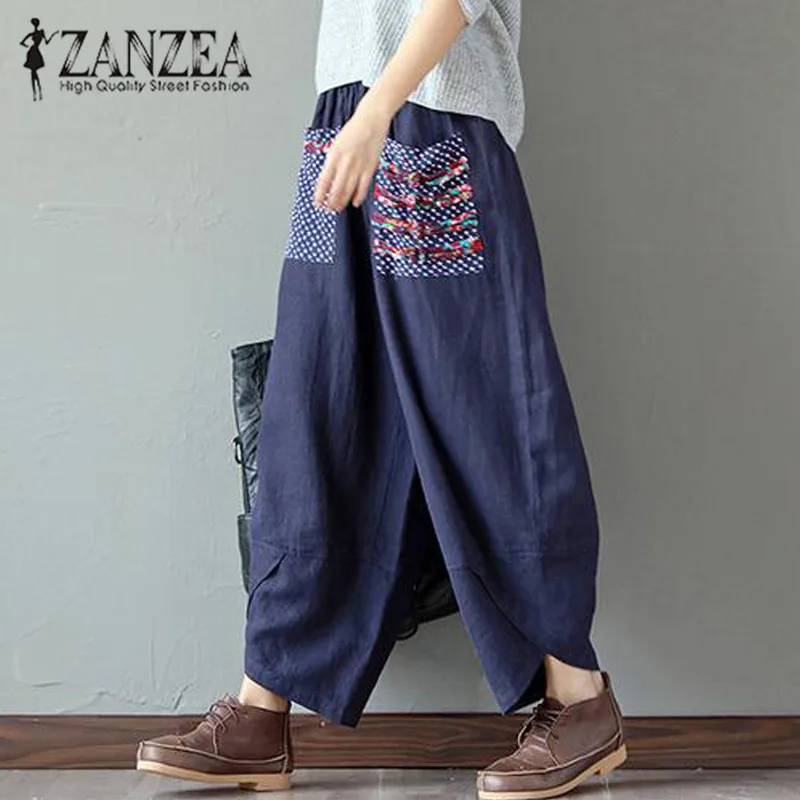Женские брюки-шаровары ZANZEA летние свободные штаны с эластичной талией 2021 печать