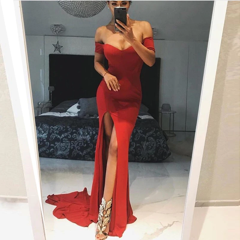 Red Evening Party Dresses Off The Shoulder Maxi Dresses Backless Floor Length Elegant Split Leg Summer Mermaid Dresses
Red Evening Party Dresses Off The Shoulder Maxi Dresses Backless Floor Length Elegant Split Leg Summer Mermaid Dresses