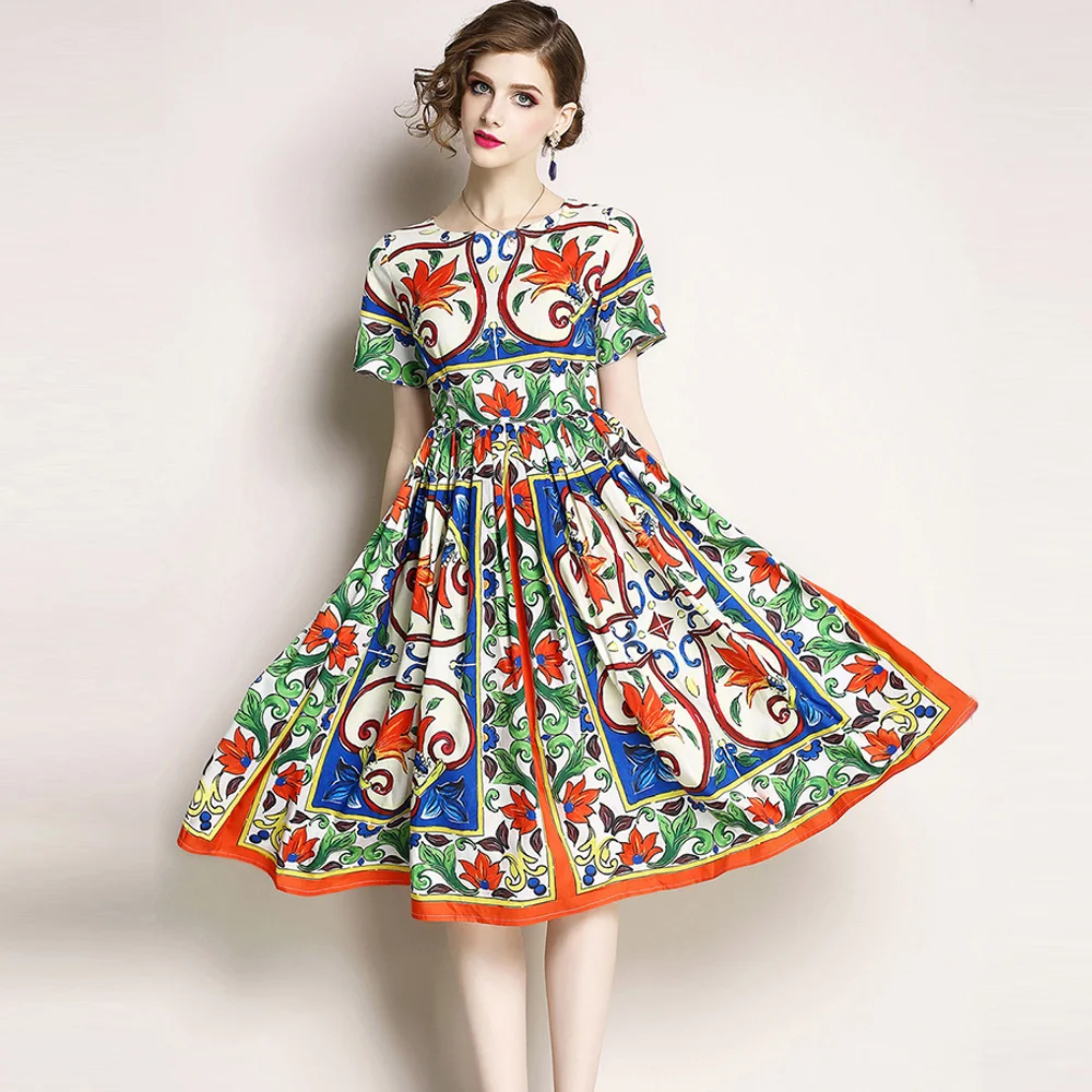 runway woman print mid a-line dress short sleeve o-neck female summer dress lady knee-length dress
runway woman print mid a-line dress short sleeve o-neck female summer dress lady knee-length dress