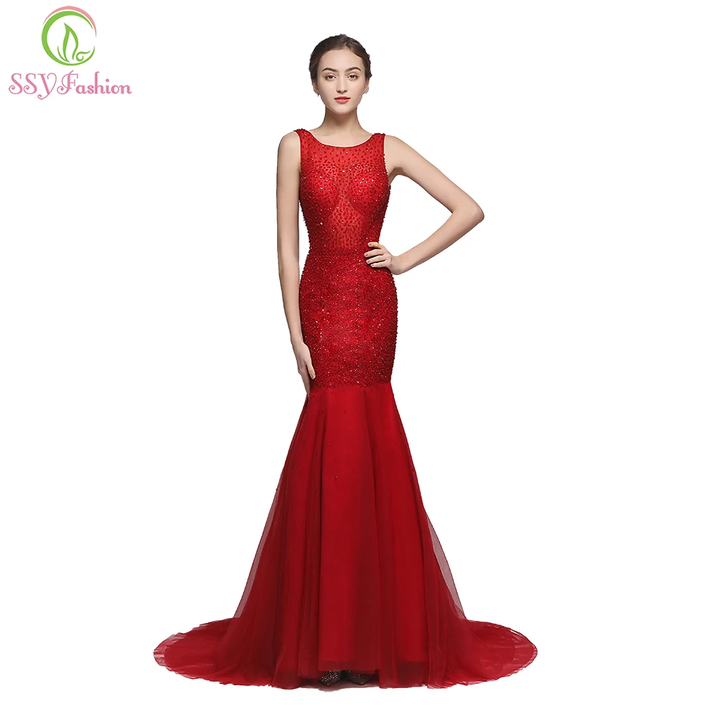 Clearance Mermaid Prom Dress Luxury Wine Red Crystal Beading Sexy Fhishtail Evening Party Formal Gown Custom | Свадьбы и торжества