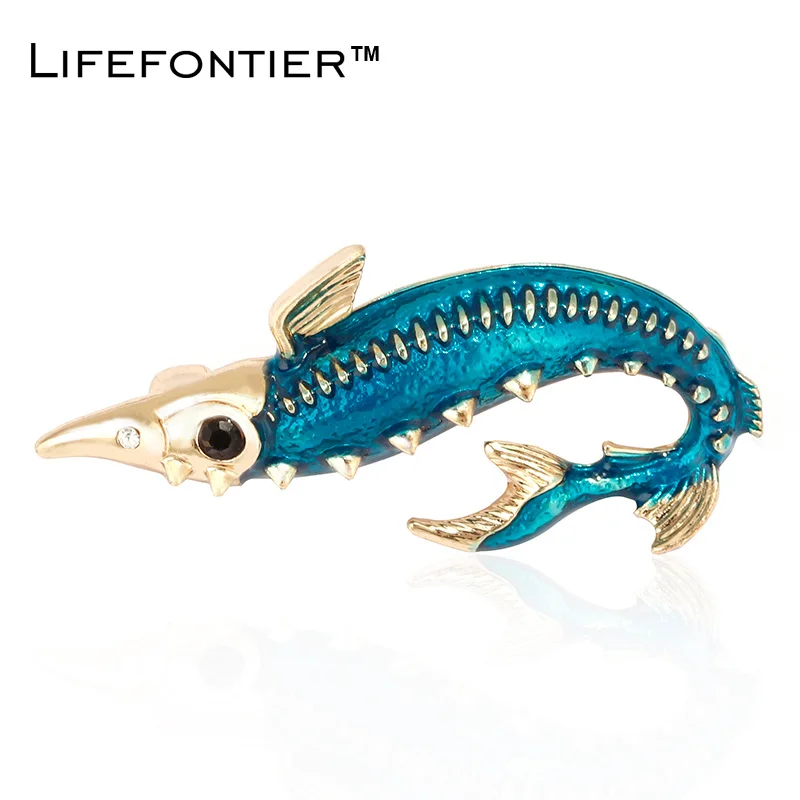 Фото Lifefontier китайские Осетровые Броши Рыба для женщин синяя эмаль шпильки Ювелирная