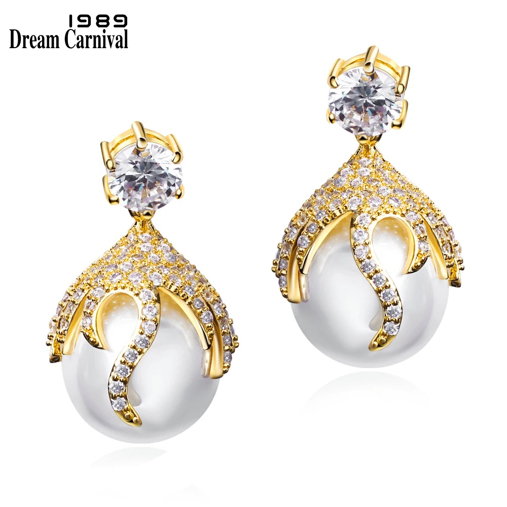 

DreamCarnival1989 Deluxe Cute Earrings for Women Created Pearl boucle d'oreille femme Rhodium Gold Color Wedding Jewelry SE07891