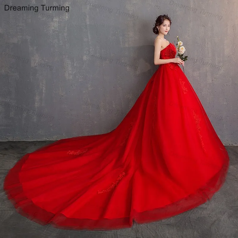 Фото Красное платье на свадьбу с королевским шлейфом кружевной корсет без бретелек