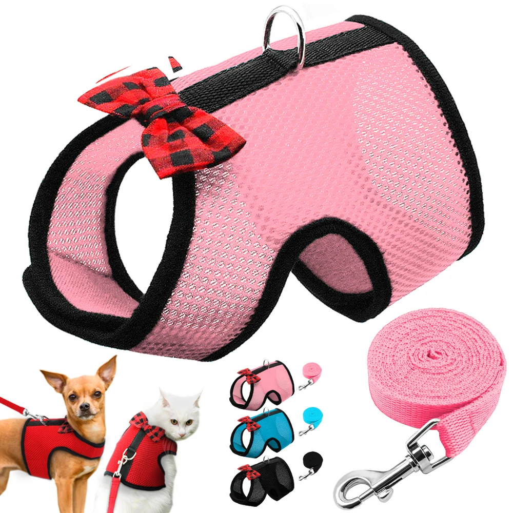 

Breathable Small Cat Dog Harness Vest Adjustable Bowtie Nylon Mesh Puppy Kitten Harness Leash Set For Hamster Rabbit Chest Strap