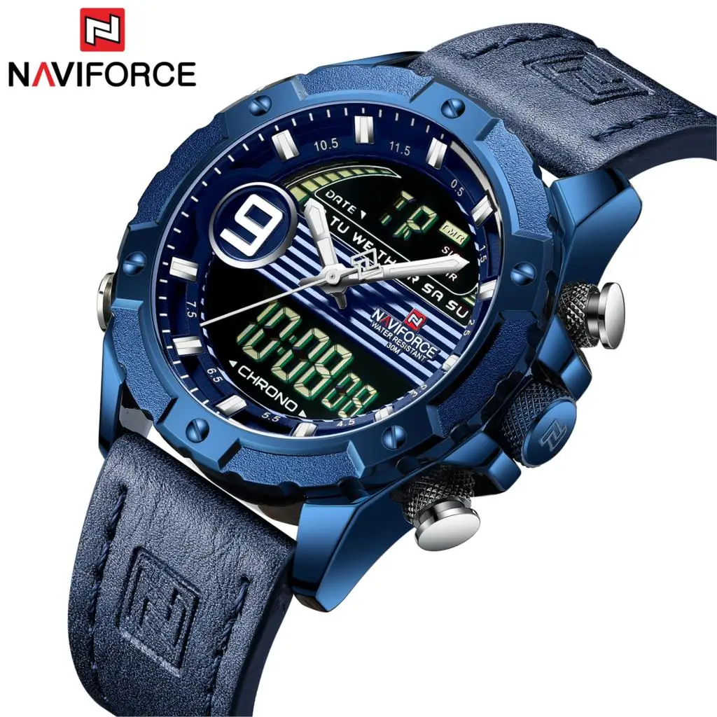 NAVIFORCE брендовые новые синие мужские часы кожаный Спортивный Хронограф военные